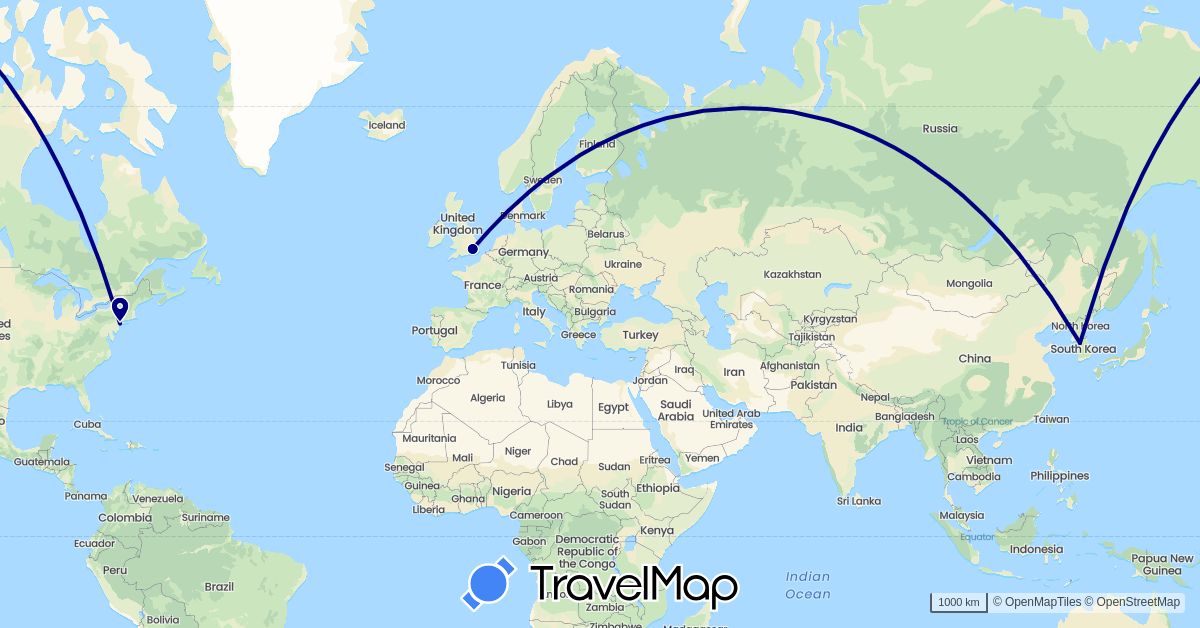 TravelMap itinerary: driving in United Kingdom, South Korea, United States (Asia, Europe, North America)